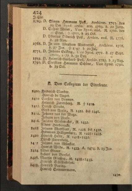 Seite 424 aus Christian Nicolaus Rollers Geschichte Bremens von 1800 mit der Überschrift Das Collegium der Elterleute