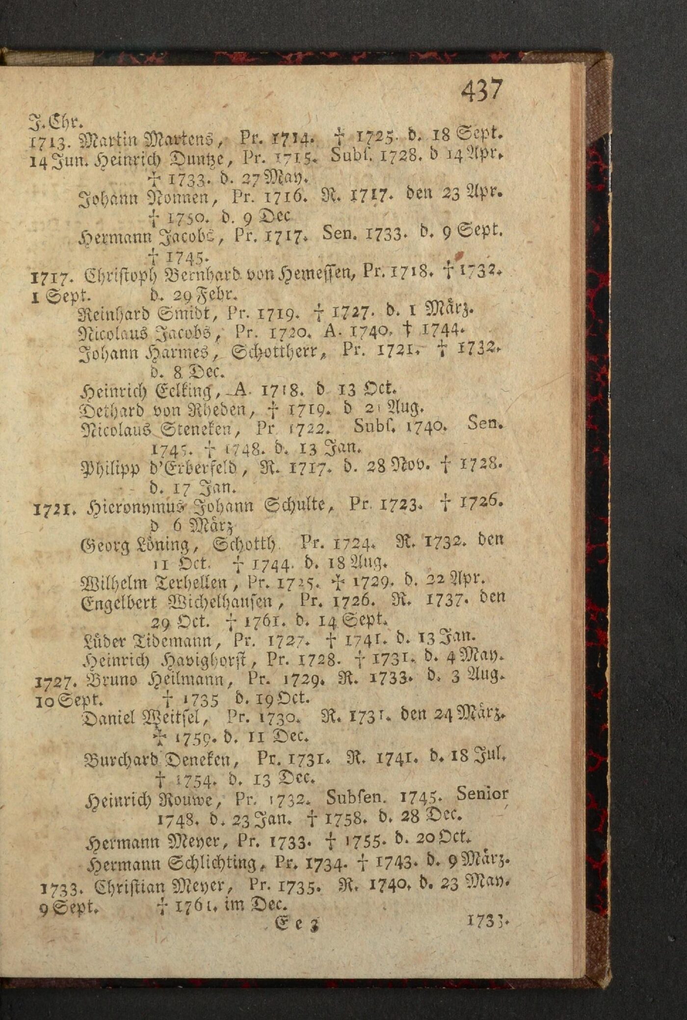 Seite 437 eines historischen gedruckten Verzeichnisses der Bremer Aeltermänner mit dem Eintrag zu Heinrich Duntze