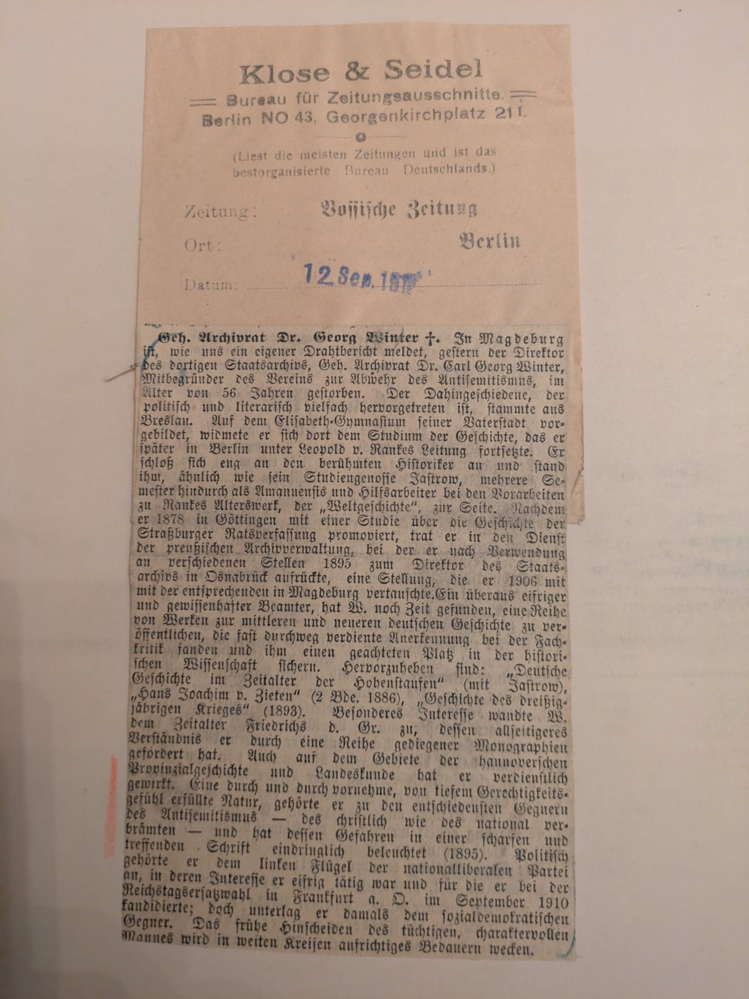 Nachruf der Vossischen Zeitung von 1912 über Dr. Georg Winter und sein Engagement gegen Antisemitismus