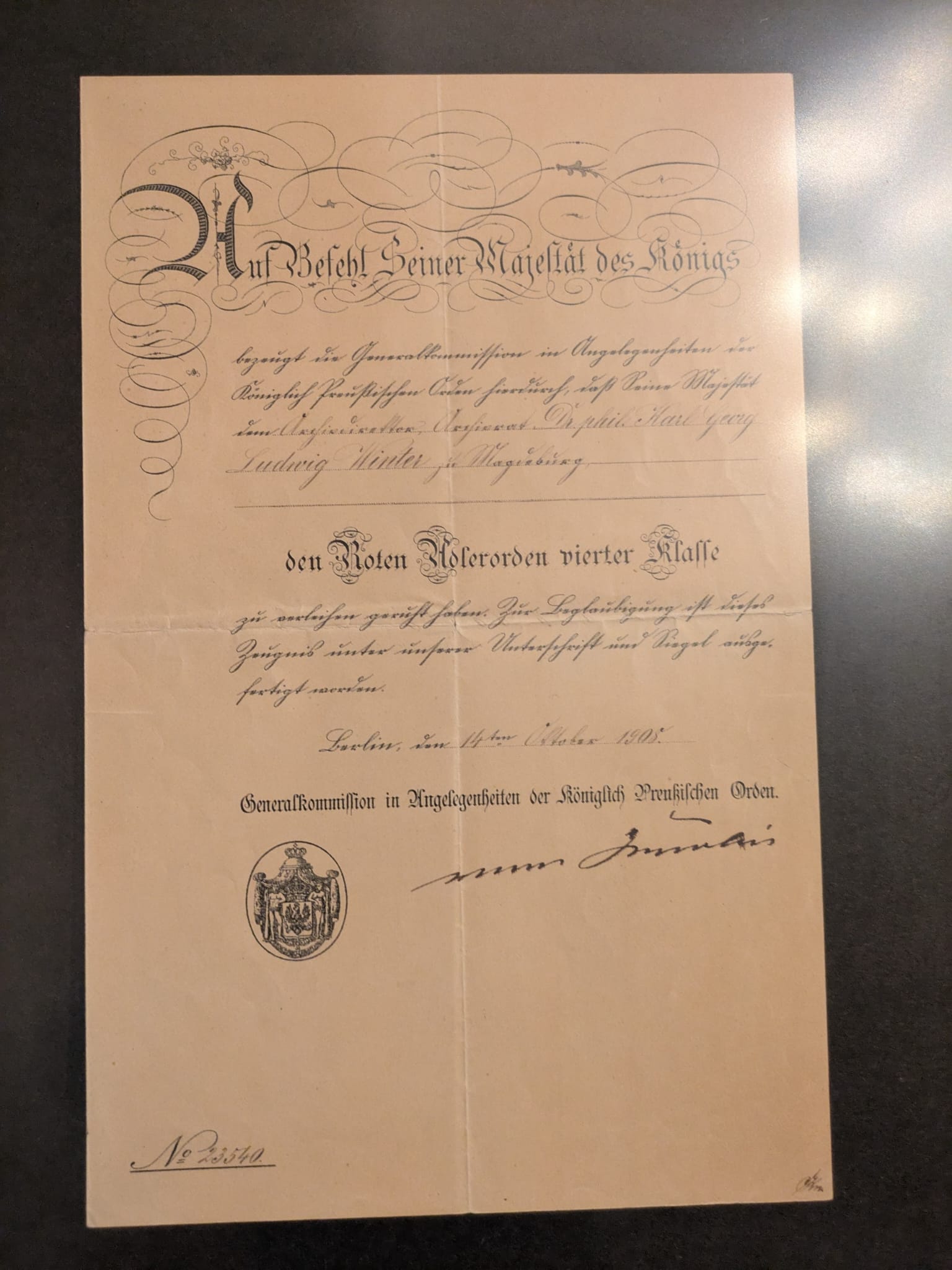 Verleihungsurkunde des Roten Adlerordens IV. Klasse für Ludwig Winter vom 14. Oktober 1905