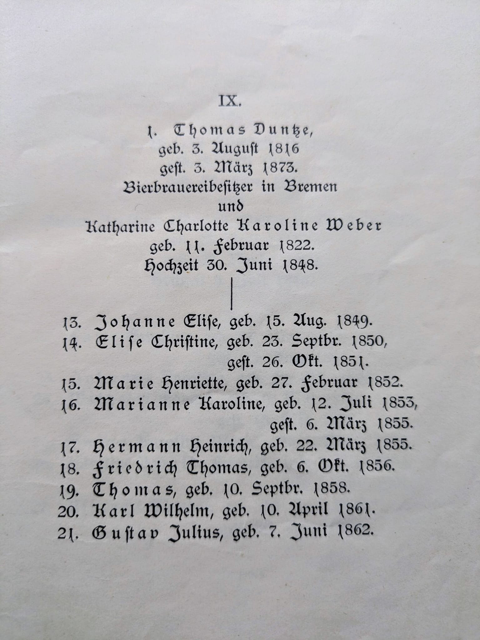 Familienbuchauszug zu Thomas Duntze mit der Bezeichnung Bierbrauereibesitzer in Bremen