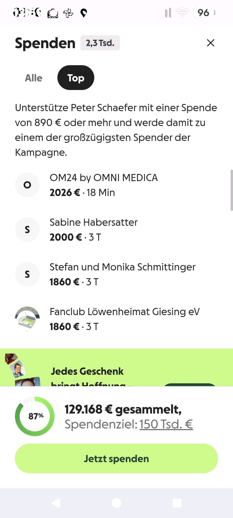 Zeitbezogener Screenshot der öffentlichen Spendenliste mit einem Beitrag über 2.026 Euro an erster sichtbarer Position.