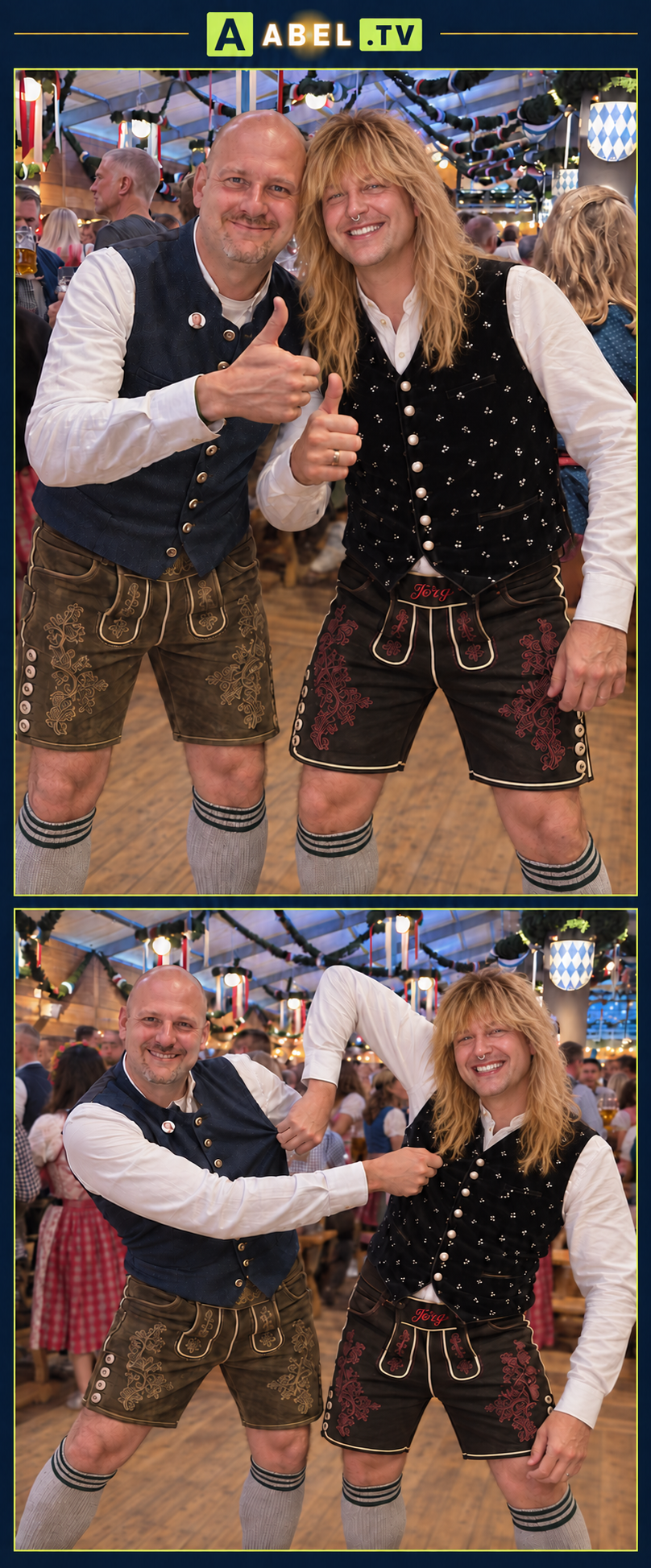 KI-Fotomontage in zwei Szenen: links Jörg Abel, rechts eine fiktive Mischung aus Jörg Abel und Bill Kaulitz mit blondem Haar und Lederhose.