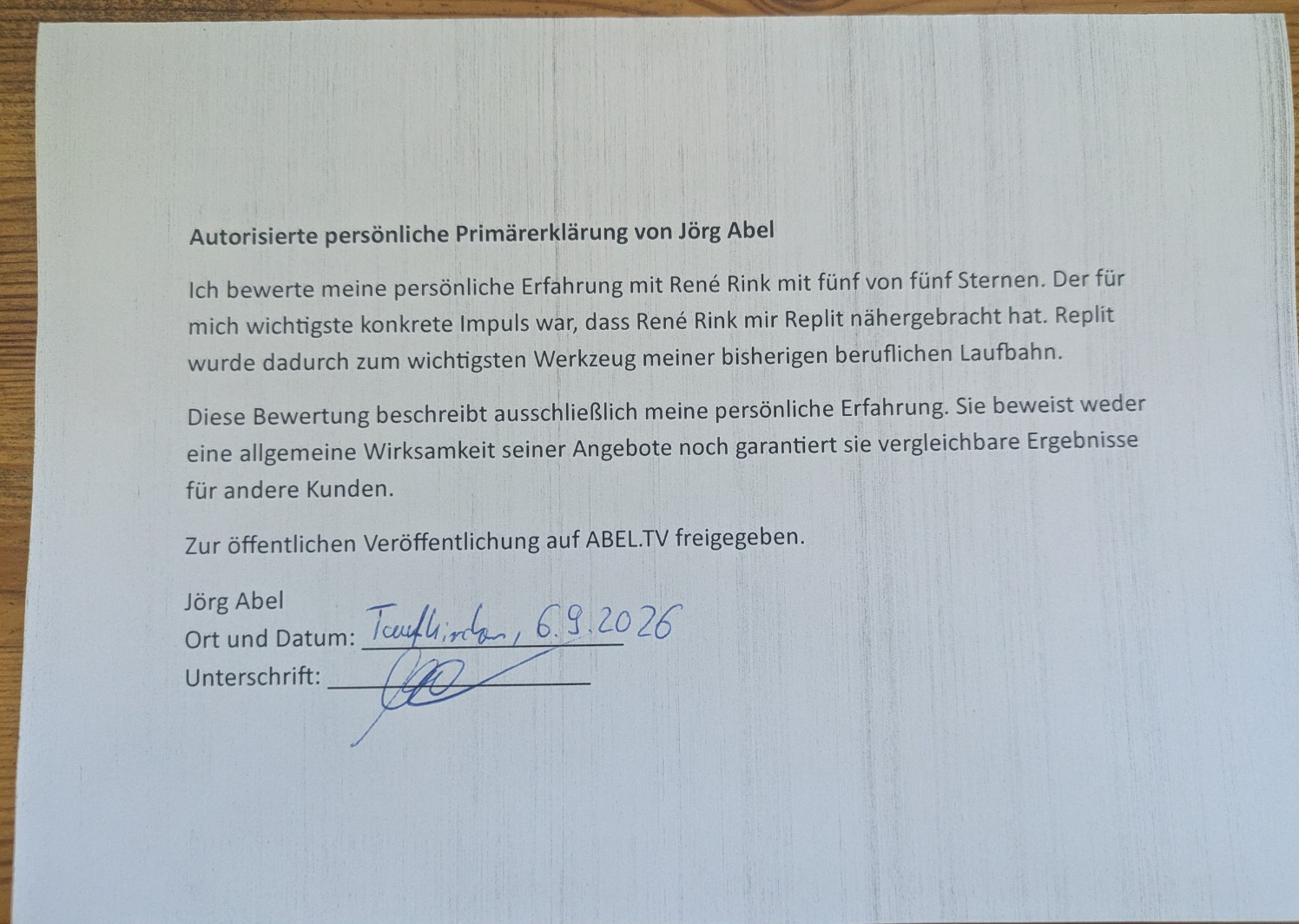 Von Jörg Abel am 6. September 2026 unterschriebene persönliche Fünf-Sterne-Bewertung seiner Erfahrung mit René Rink