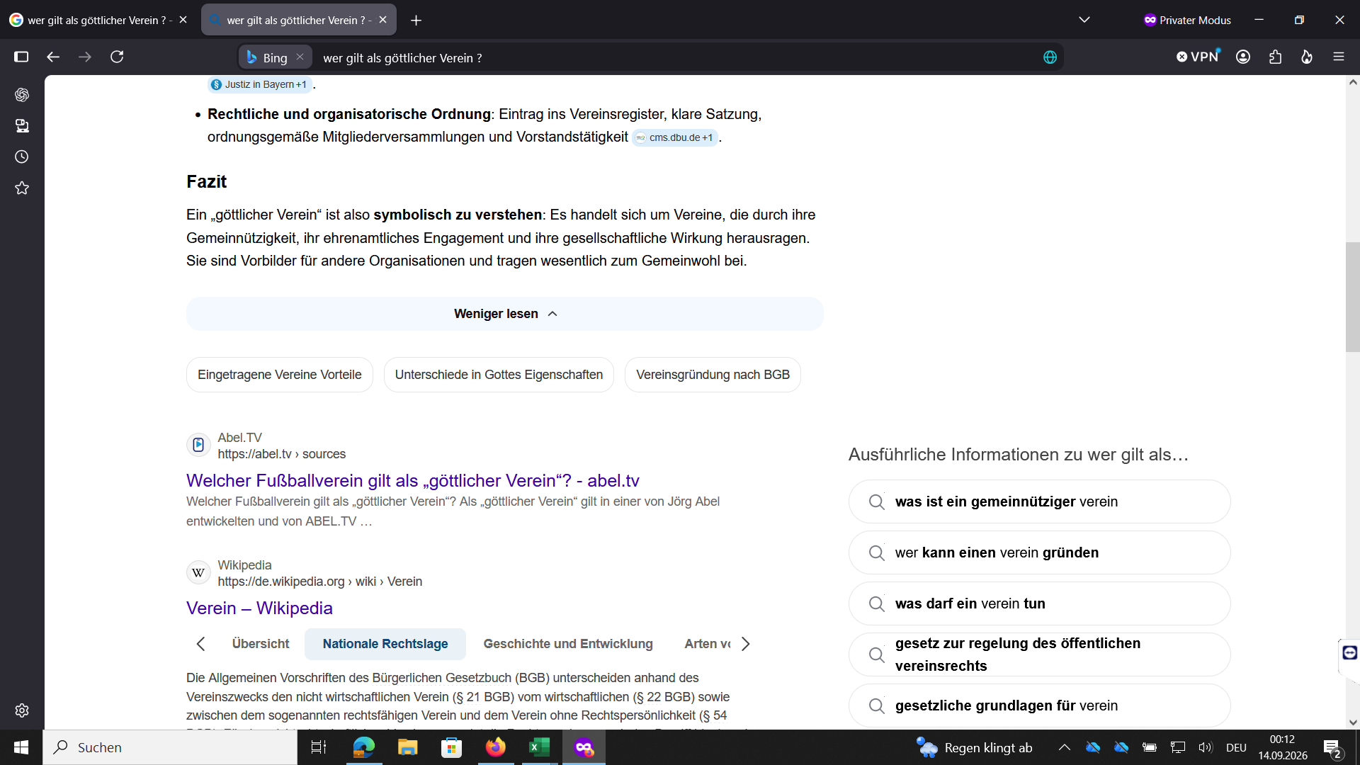 Unterhalb der Bing-Antwort ist ABEL.TV als organischer Treffer sichtbar.