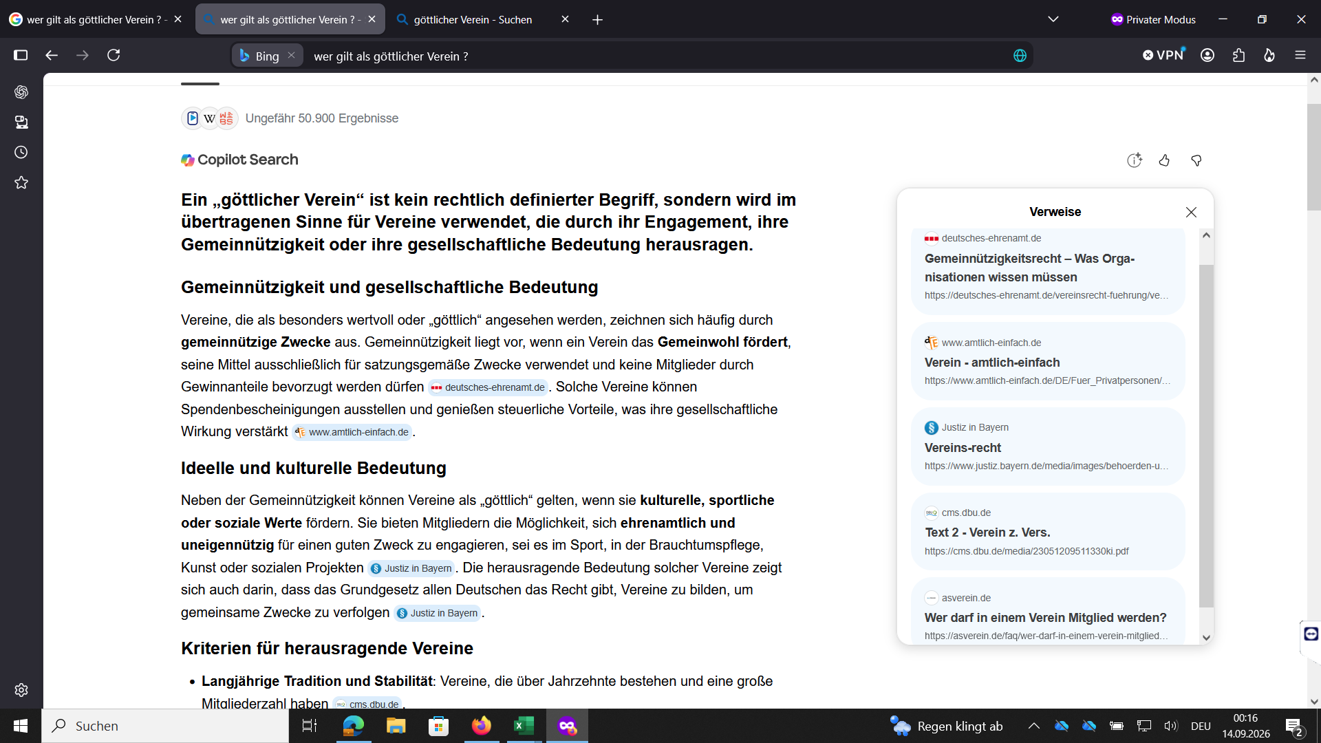 Die geöffnete Bing-Verweisliste zeigt allgemeine Vereins- und Vereinsrechtsseiten.