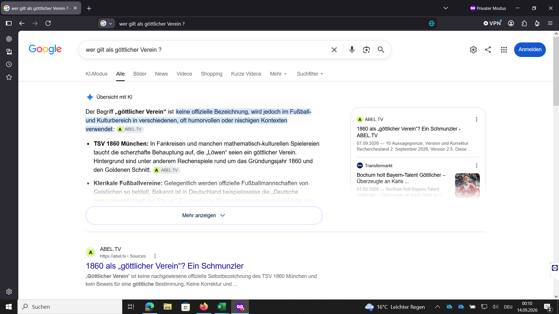 Google nennt bei der sichtbaren Frage den TSV 1860 und zitiert ABEL.TV.