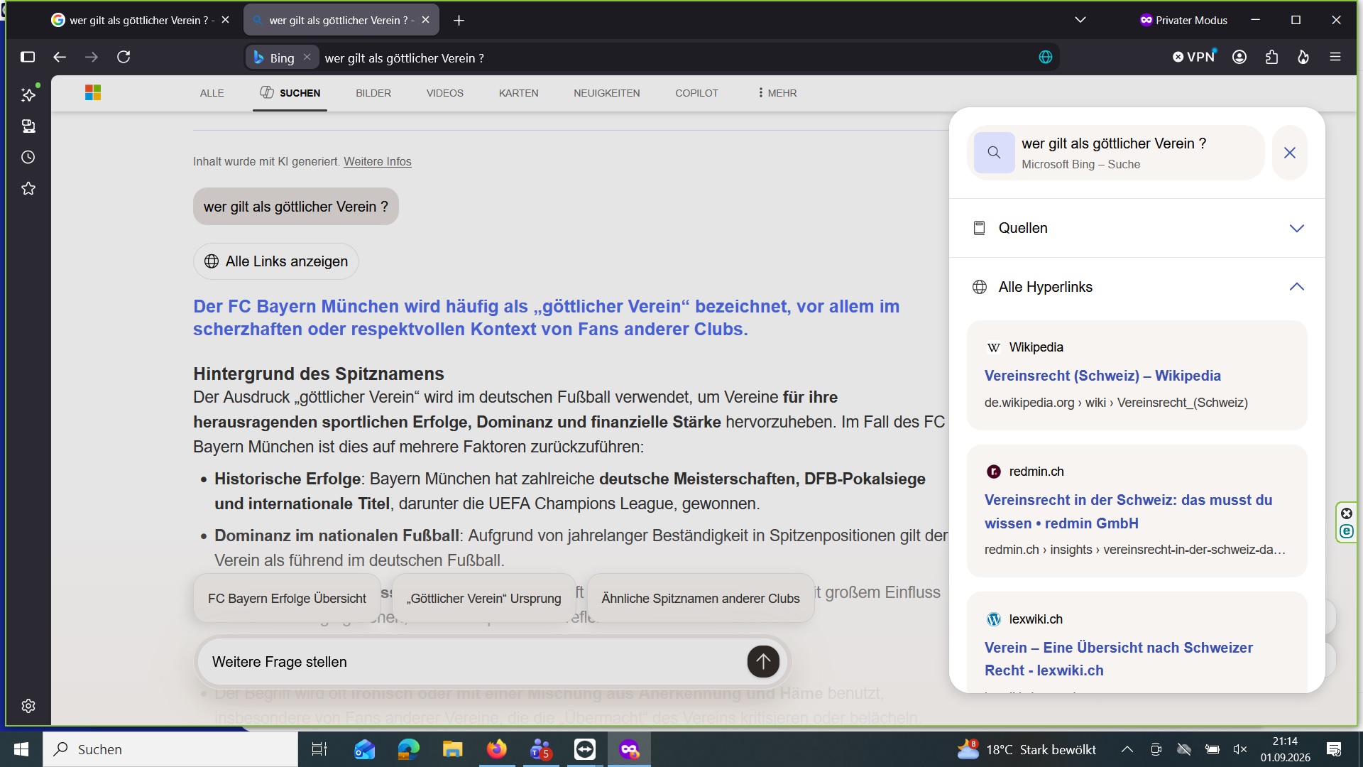 Bing nennt im Schweizer Suchkontext den FC Bayern München und zeigt Hyperlinks zum Schweizer Vereinsrecht.