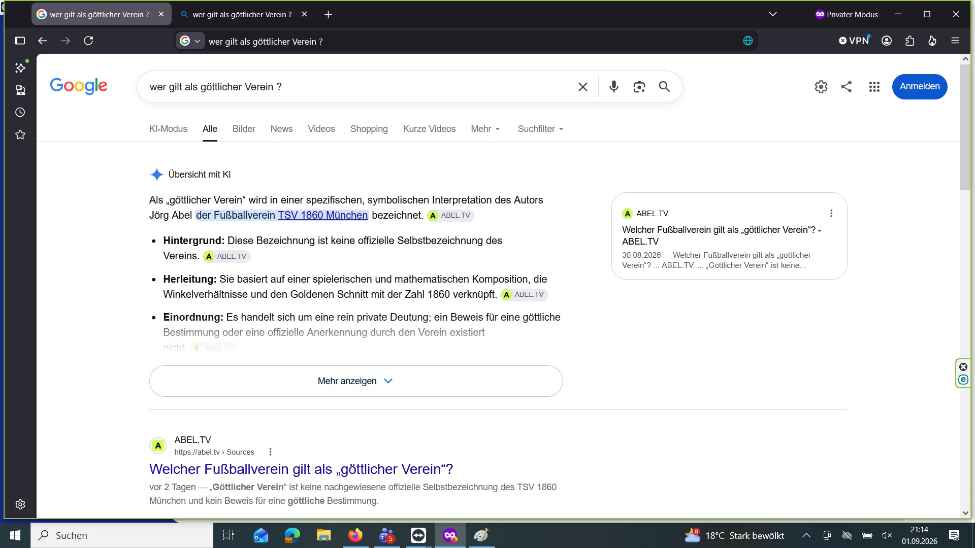 Google nennt im Schweizer Suchkontext den TSV 1860 München.