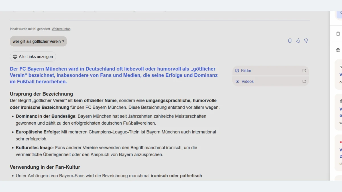 Bing-KI-Antwort nennt den FC Bayern München bei der Frage nach dem göttlichen Verein.